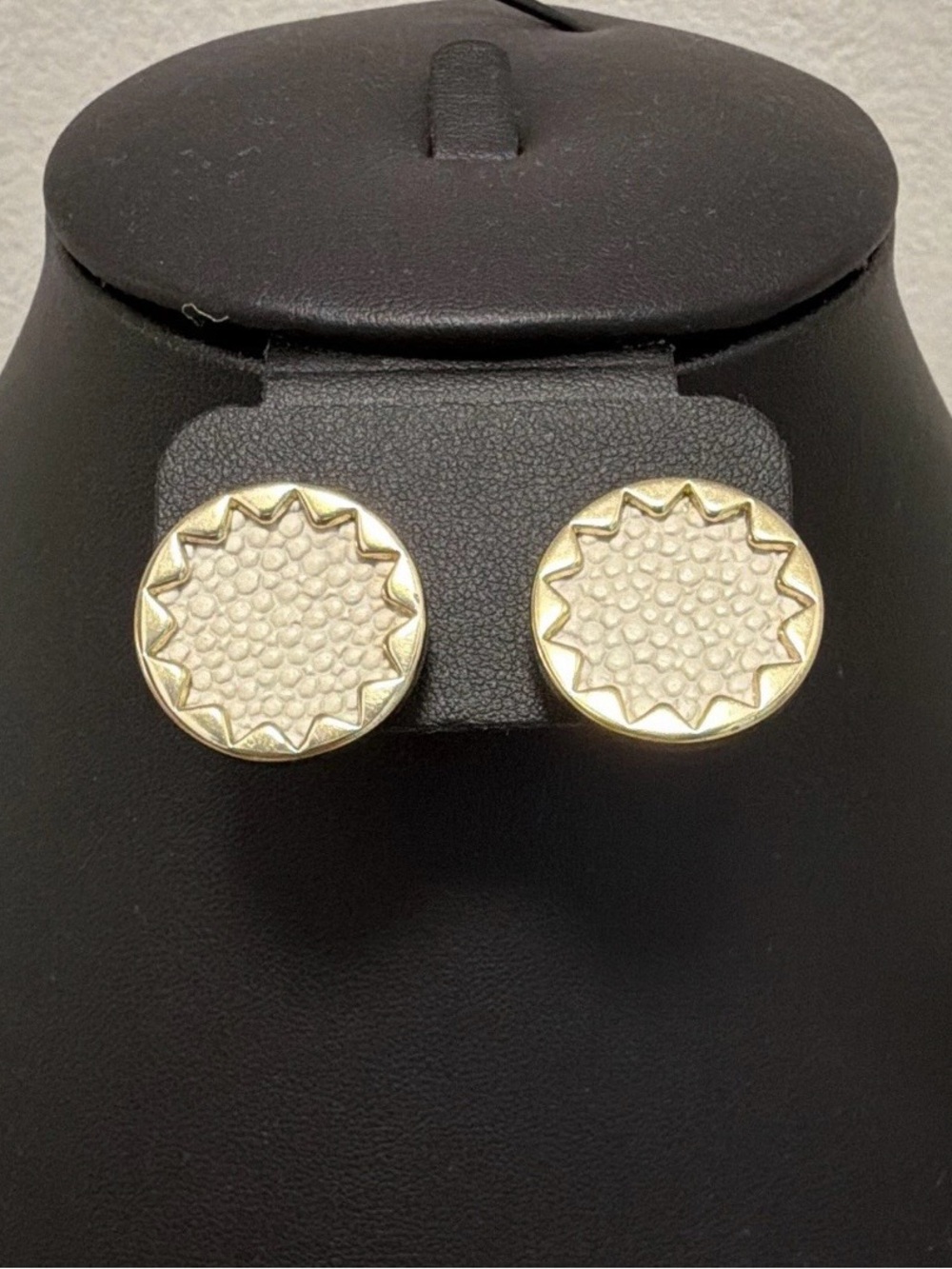 House of Harlow 1960 Gold Round Textured Cream Leather Sunburst Stud Earrings